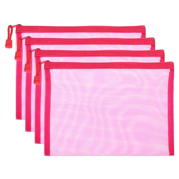 Uxcell Mesh Zipper Bags, A5 Travel Cases Nylon Makeup Pouches, Rose Red 4 Pack