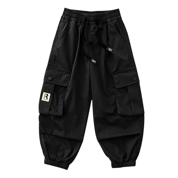 SGFCWSX Girls Wide Leg Pants High Elastic Waist Cargo Trousers with Pockets for Kids Trendy Drawstring Pant Black Size 9 Years