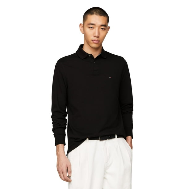 Polo Tommy Hilfiger de manga larga, corte regular, negro para hombre