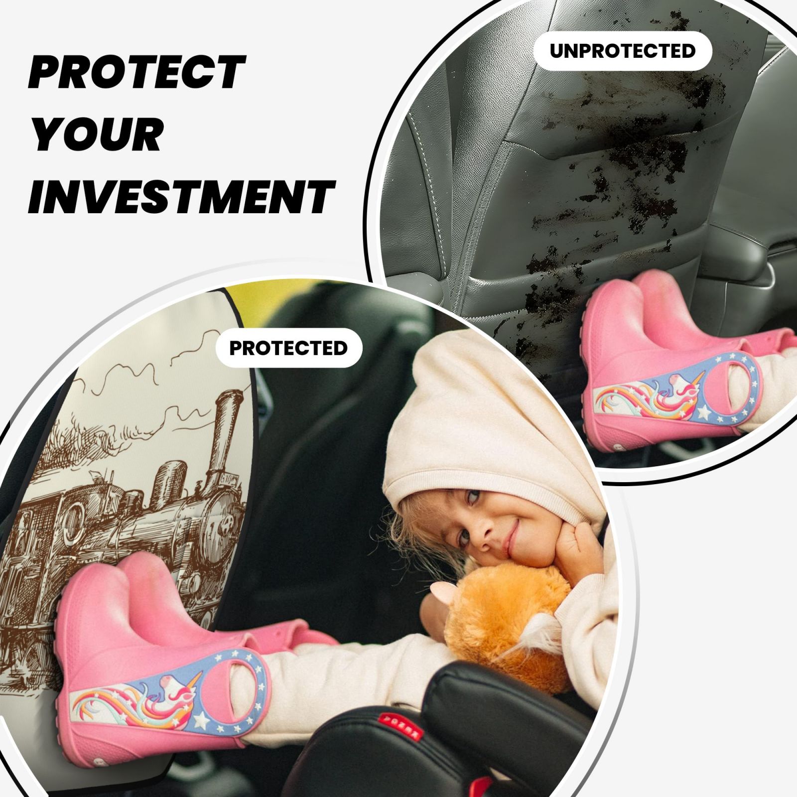 Xecao Train Pattern Car Seat Back Protector 2 Pack Large Capacity Pocket, Kick Mats Back Seat Protector