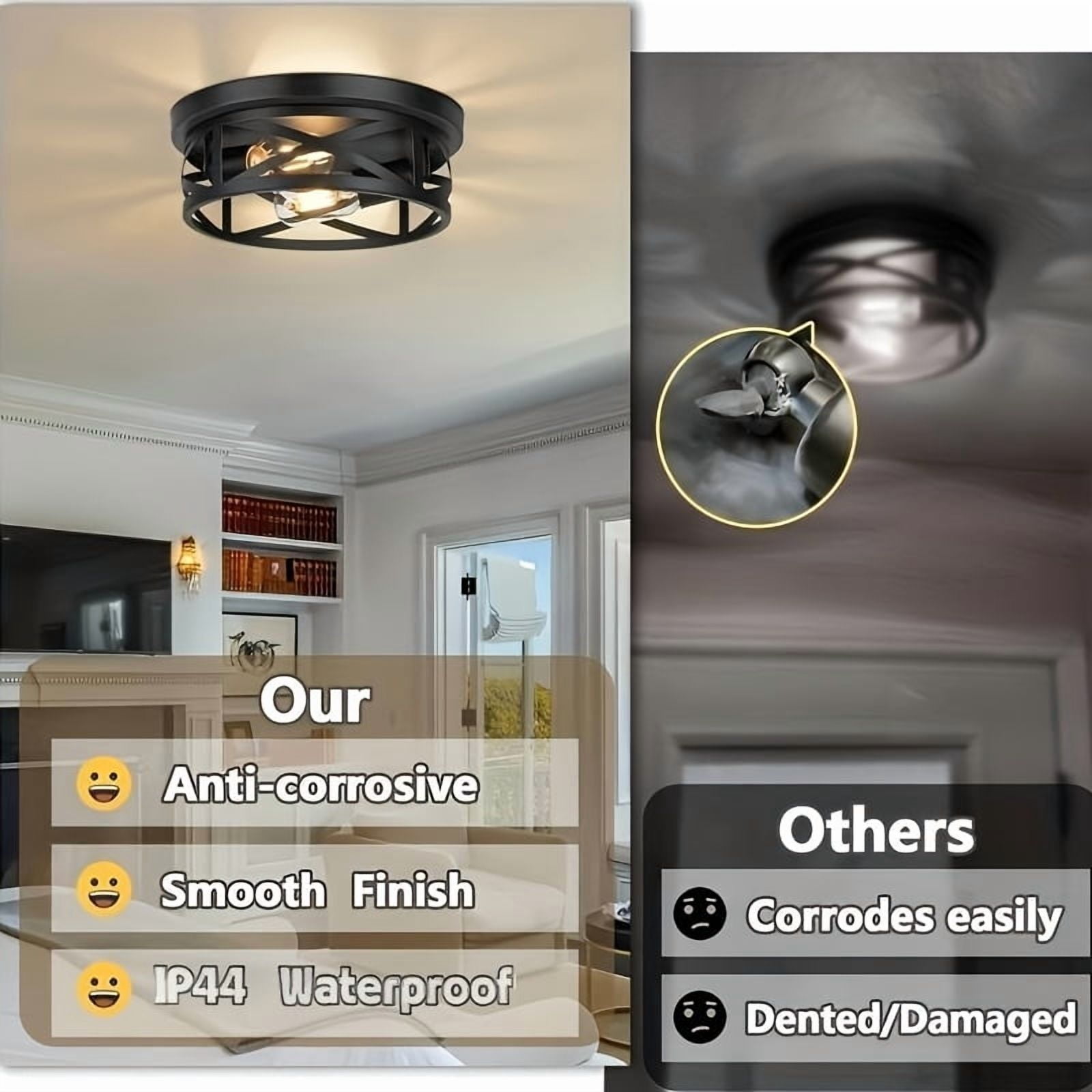 11 Inch Metal Black Cage Farmhouse Flush Mount Ceiling Light | Industrial Close To Ceiling Light, Rustic Style, IP44, Suitable for Hallway, Kitchen, Bedroom, Entryway, Semi Flush Mount, E26 Bulb Base