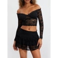 thumbnail image 3 of ZAXARRA Women Lace Skirt Set Fairycore See Through Off Shoulder Long Sleeve Crop Tops and Mini Skirt Suit 2 Piece Outfits Streetwear, 3 of 9
