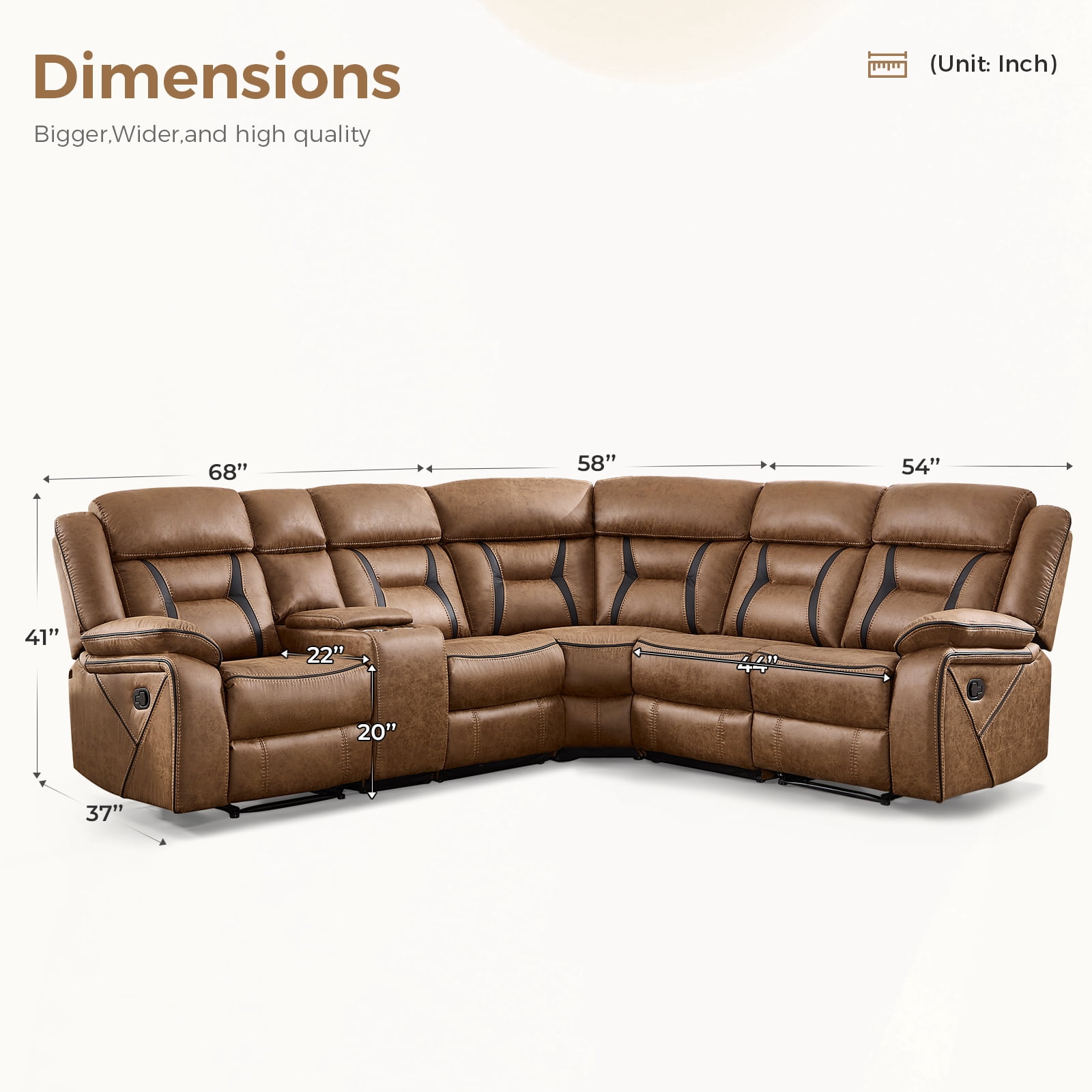 Bonzy Home 5‑Seat Reclining Chair Sofa with Center Console, Hidden Storage & Cup Holders Couch for Living Room & Meeting Room