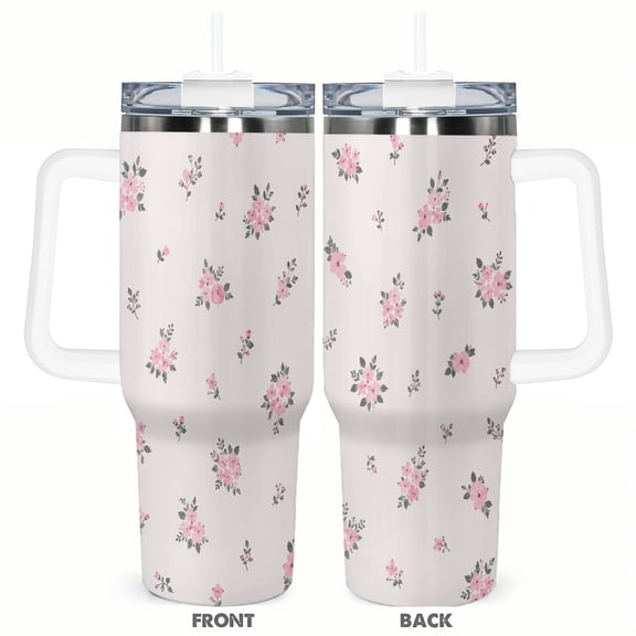 Pink Blossom Floral 40oz Car Tumbler Insulated Travel Cup with Handle and Straw Stainless Steel Vacuum Coffee Cup Gift for Her