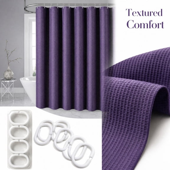 Shower Curtain, Waffle Weave Shower Curtain, Purple Shower Curtain with Hooks Included, Heavy Duty Shower Curtain, 71X59 Inch Textured Water Resistant Stall Shower Curtain with 12
