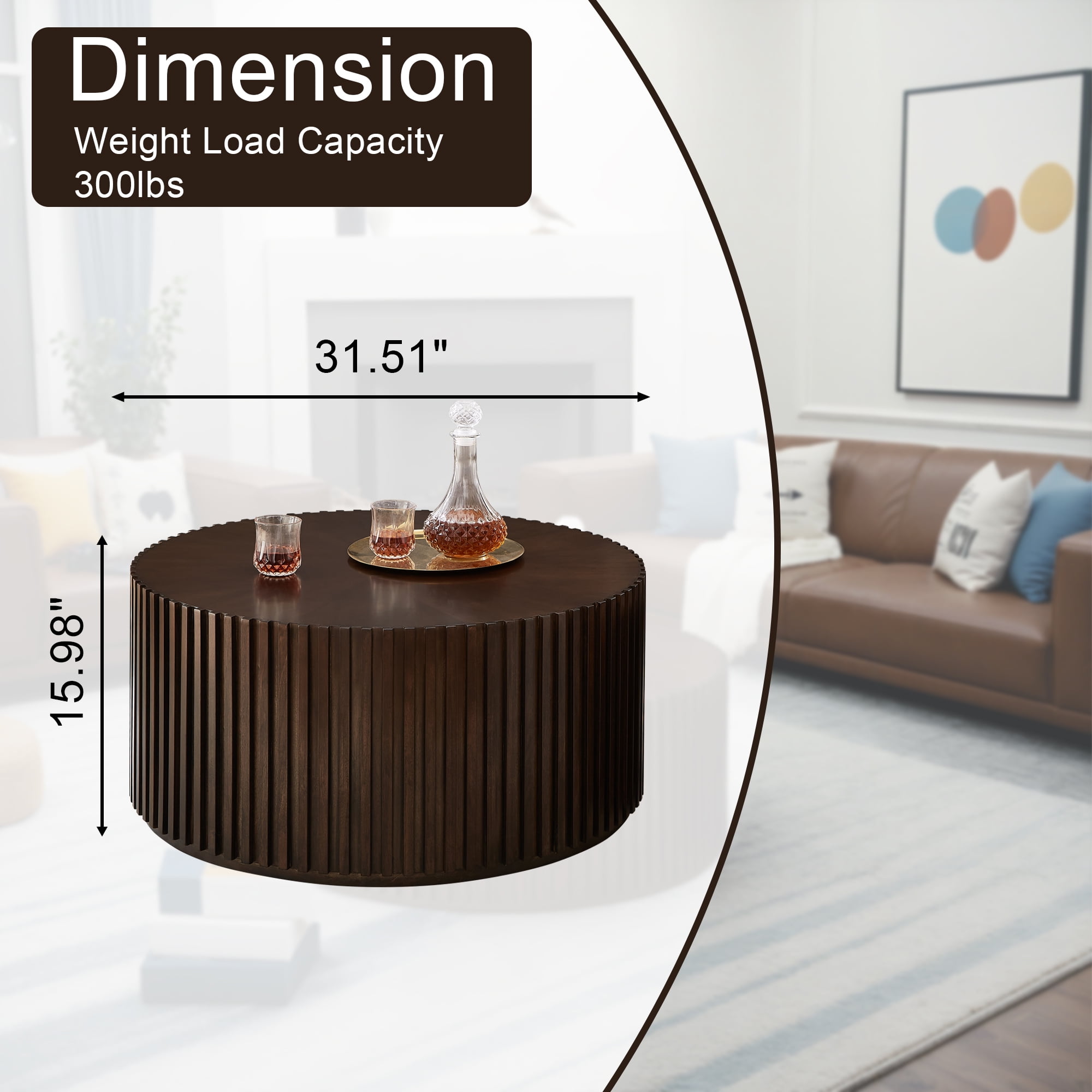 Gexpusm Round Coffee Table, Solid Wood Center Table for Living Room, Circle Drum Coffee Table with Handcrafted Relief, Chocolate