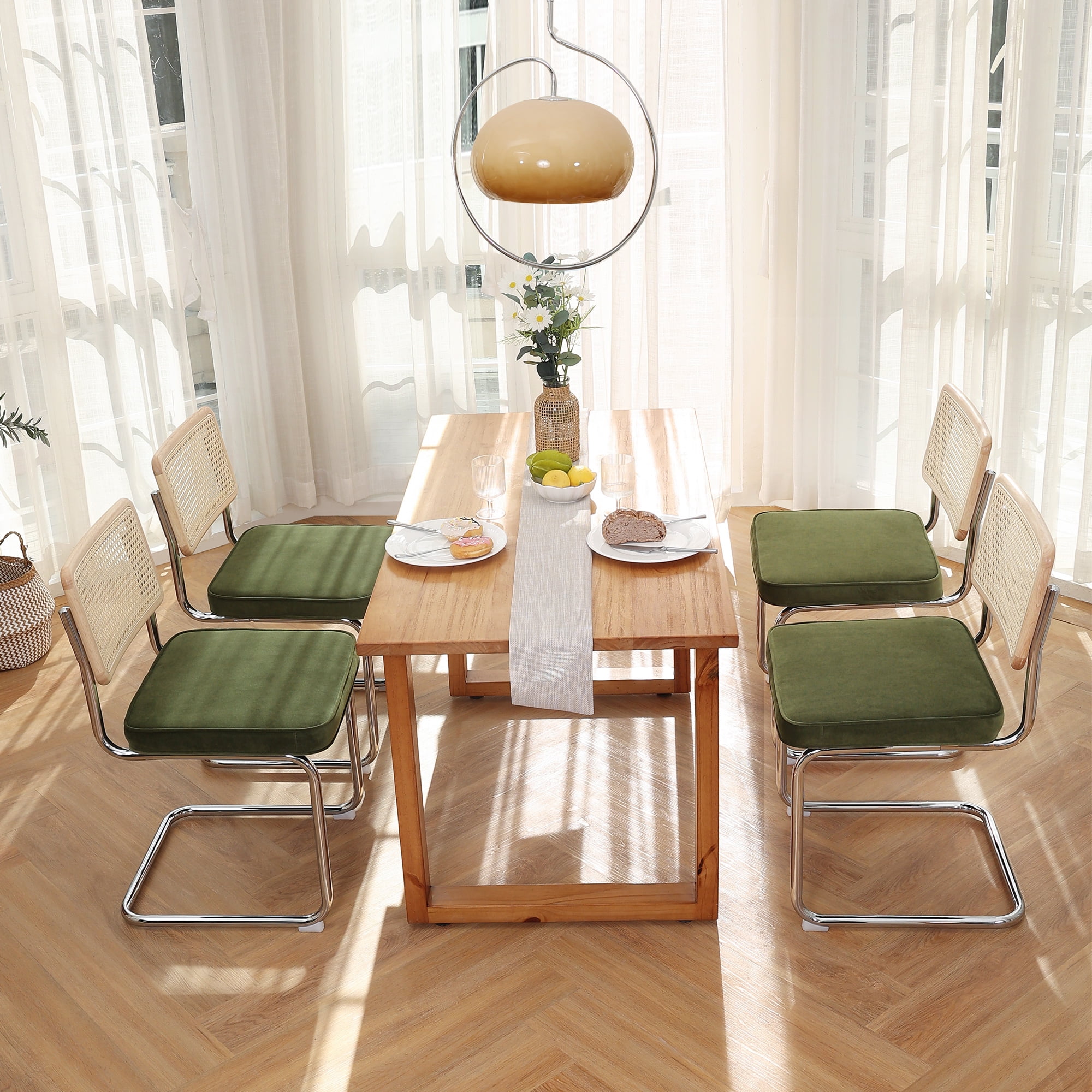 Zesthouse Rattan Dining Chairs Set of 2, Velvet Upholstered Dining Chairs with Cane Back and Chrome Legs, Mid Century Modern Kitchen Side Chairs for Dining Living Room, Green