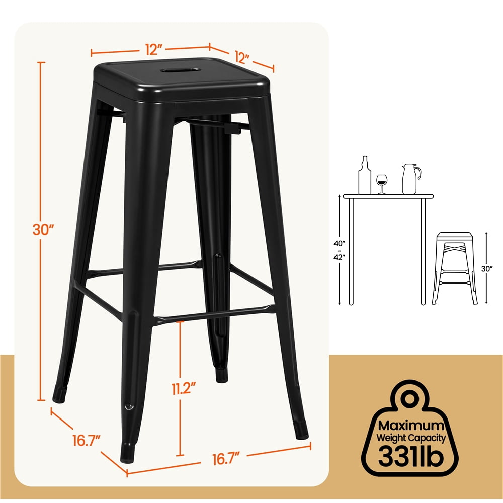 Yaheetech 30'' Set of 4 Metal Bar Stools Vintage Counter Bar Stool Stackable Chairs Black