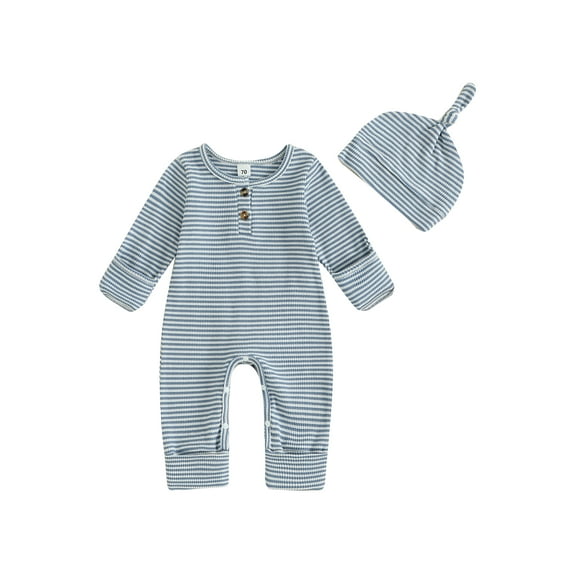 Rovasas Infant Baby Fall Clothes Stripe Long Sleeve Round Neck Jumpsuit Hat