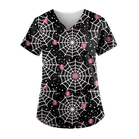 

BEBUTTON Womens Scrubs Plus Size V Neck Short Sleeve Tops Loose Printed Nursing Work Uniform Shirts with Pocket Black XL