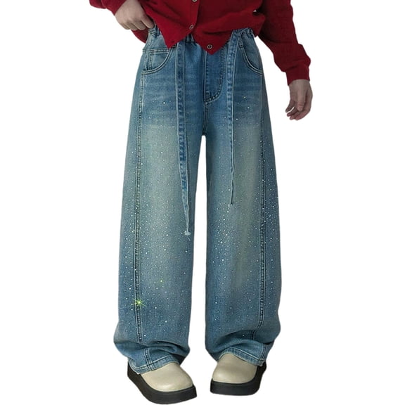 PLHWHYQ Girls Star Rhinestone Embroidered Jeans Winter Fleece Lined Wide Leg Pants Warm Casual Trousers For Teen Girls Light Blue 6-7 Years