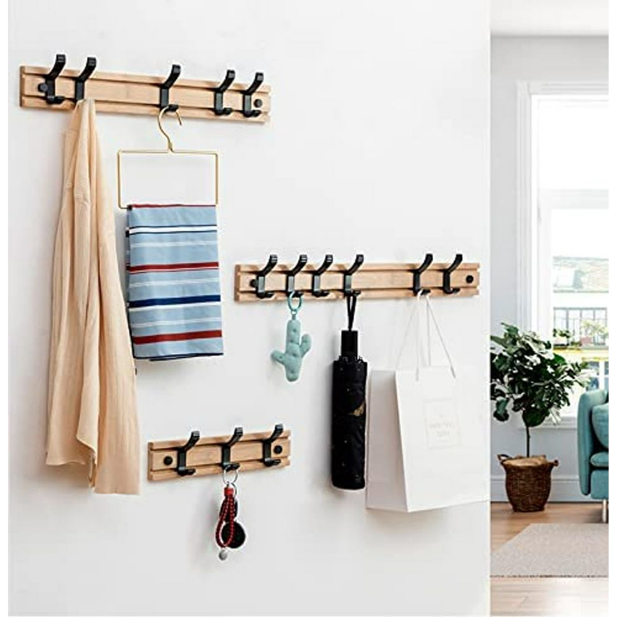 Coat hook wall modern coat rack wooden coat hook bamboo wall coat rack with 4 movable hooks for jackets coats scarves handbags and more natural Walmart