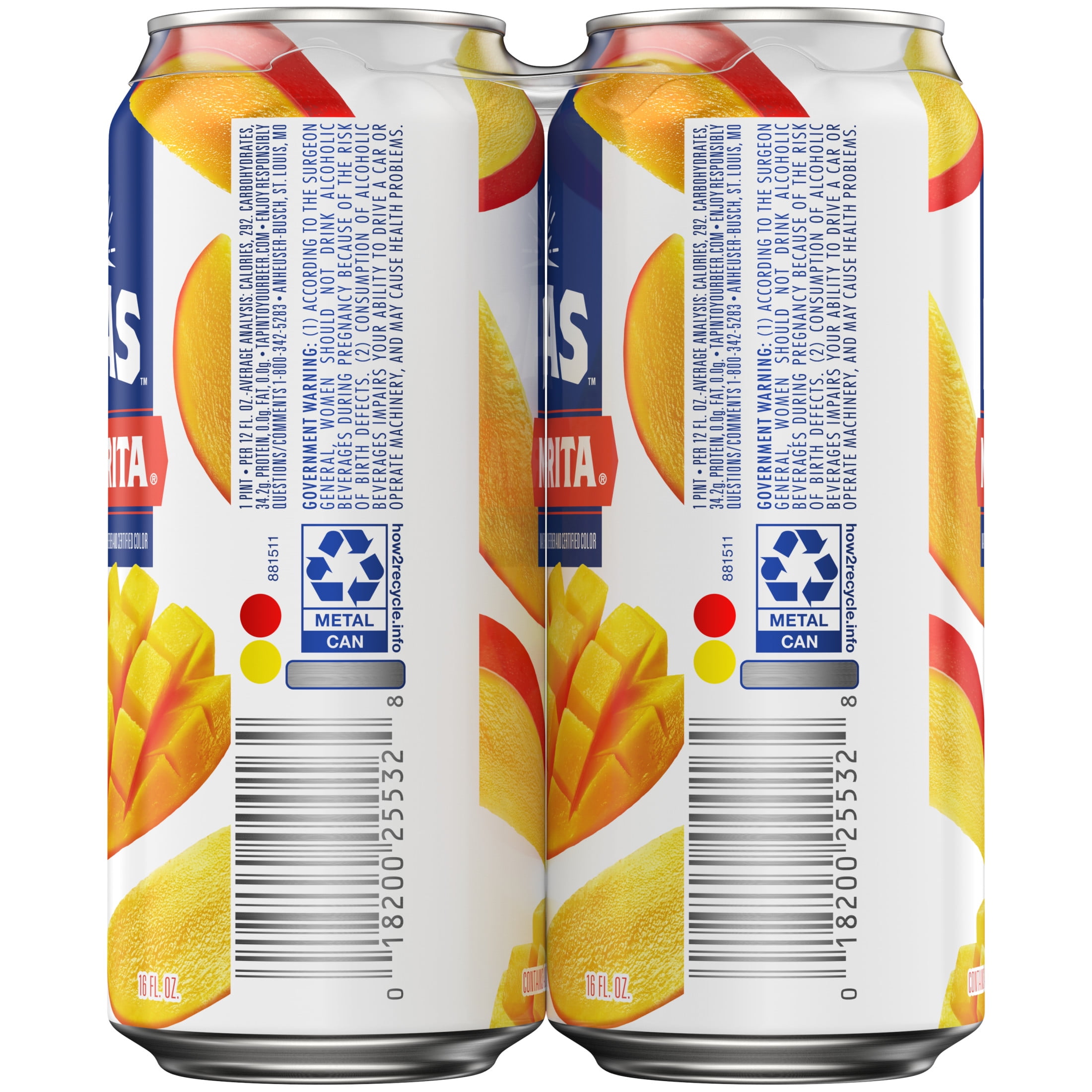 Ritas Mang-O-Rita Sparkling Mango Margarita, 4 pack 16 fl. oz. Aluminum Cans, 8% ABV