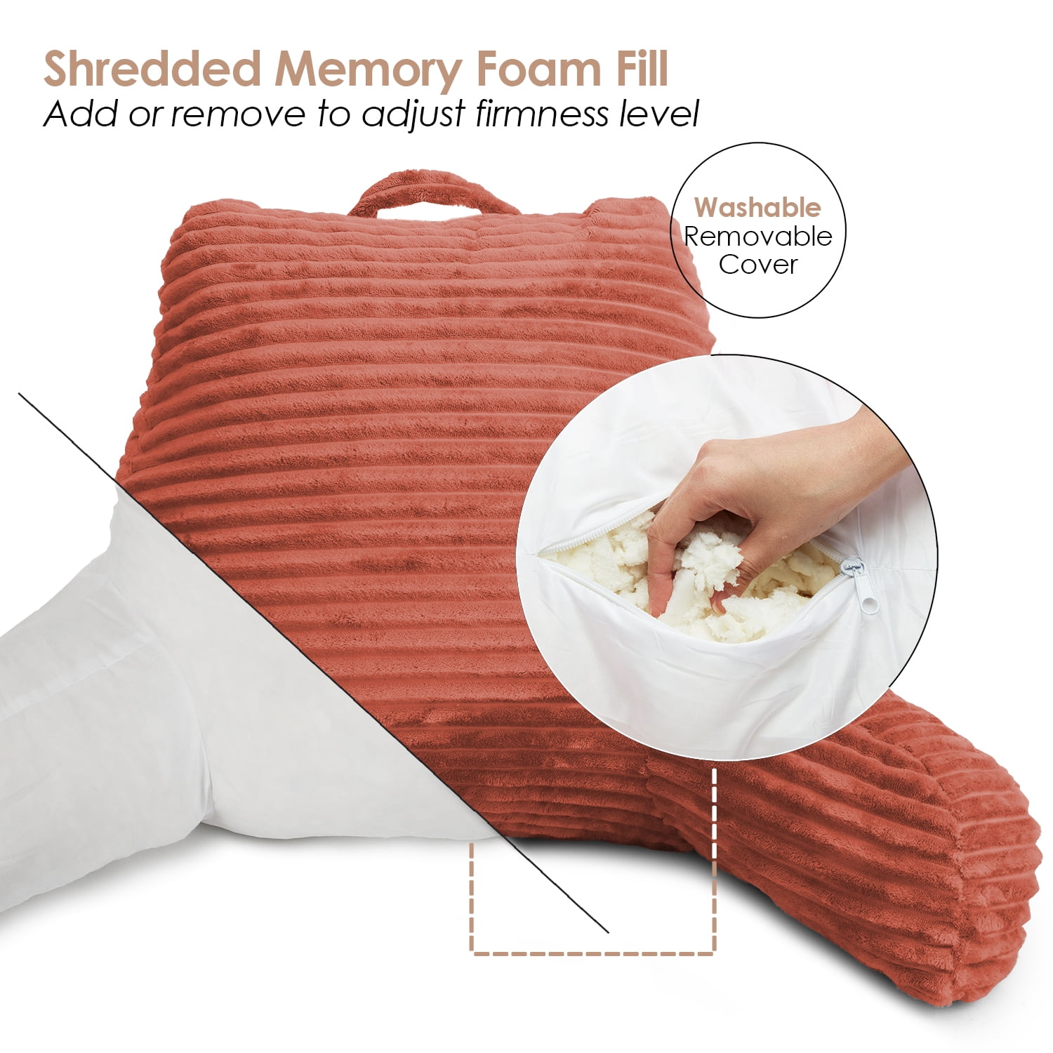 Clara Clark Backrest Reading Pillow, Back Support Pillow with Arms, Shredded Memory Foam Bed Rest Pillow, Medium, Misty Rose