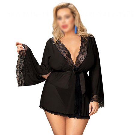 

Women S Plus Size Erotic Lingerie Sexy Bandage Long-Sleeved Nightgown Lace Stitching Nightdress Black 3XL