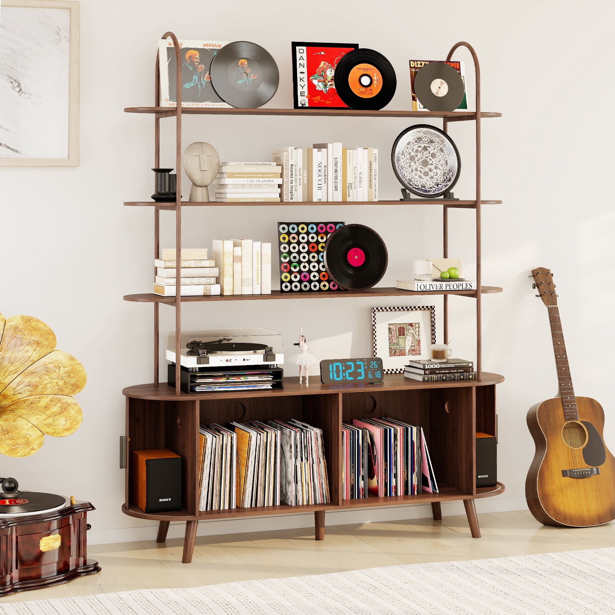 Tall Large Mid Century Modern Bookshelf with with Sliding Tambour Doors, 4-Tier Open Display Storage Shelf, Vinyl Record Player Stand for Home Office, Living Room, Walnut