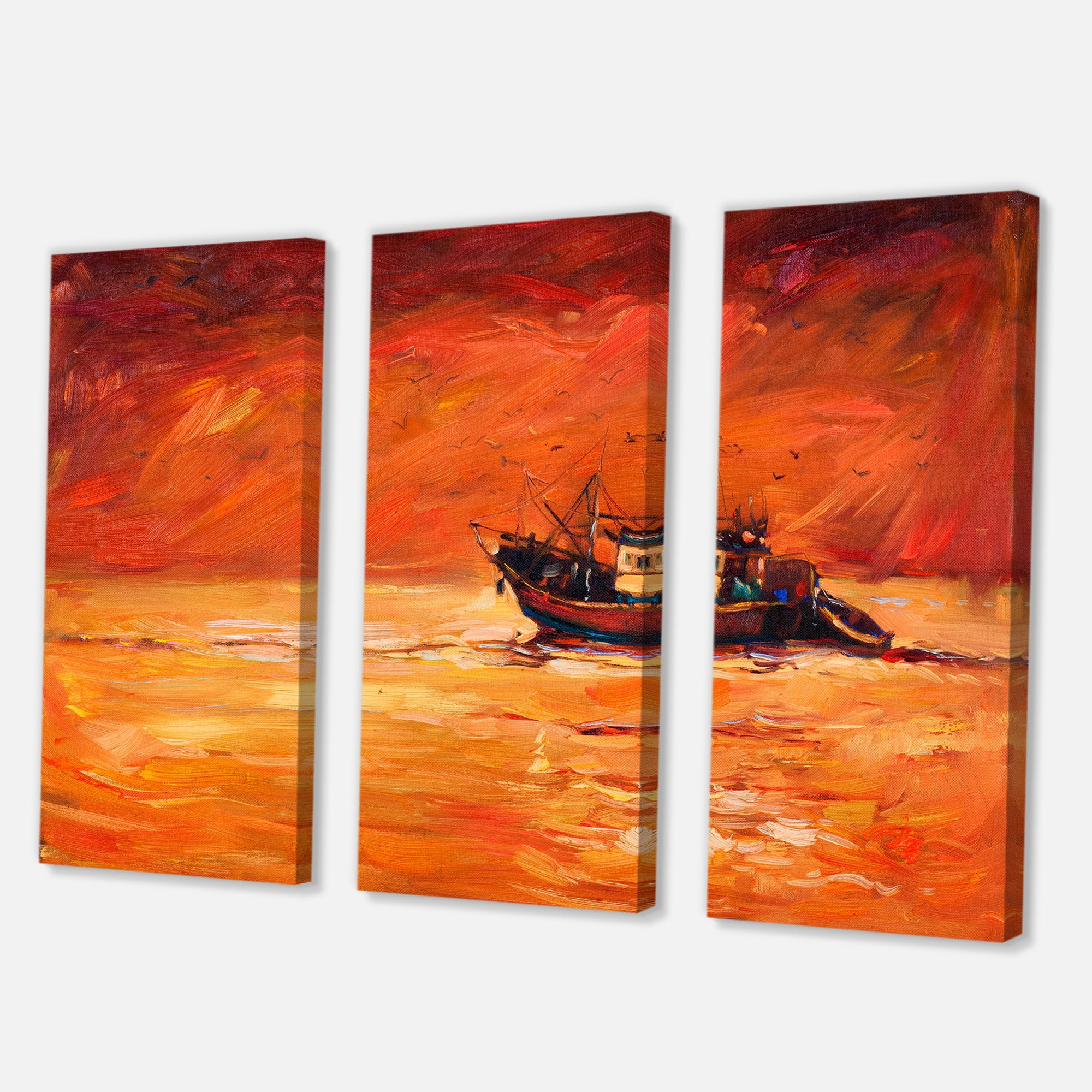 Designart ' Fishing Boat During Red Evening Glow ' Nautical & Coastal Canvas Wall Art Print