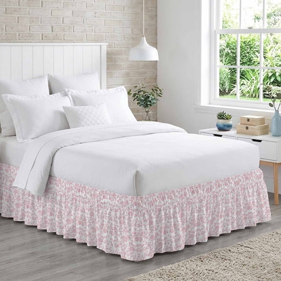 Bed Skirt Light Pink Floral Paisley Adjustable Elastic Wrap-Around Dust Ruffle with Boho Leaf Vintage Farmhouse Linen 16 Inch Drop, Bed Frame Cover for King Size Bed