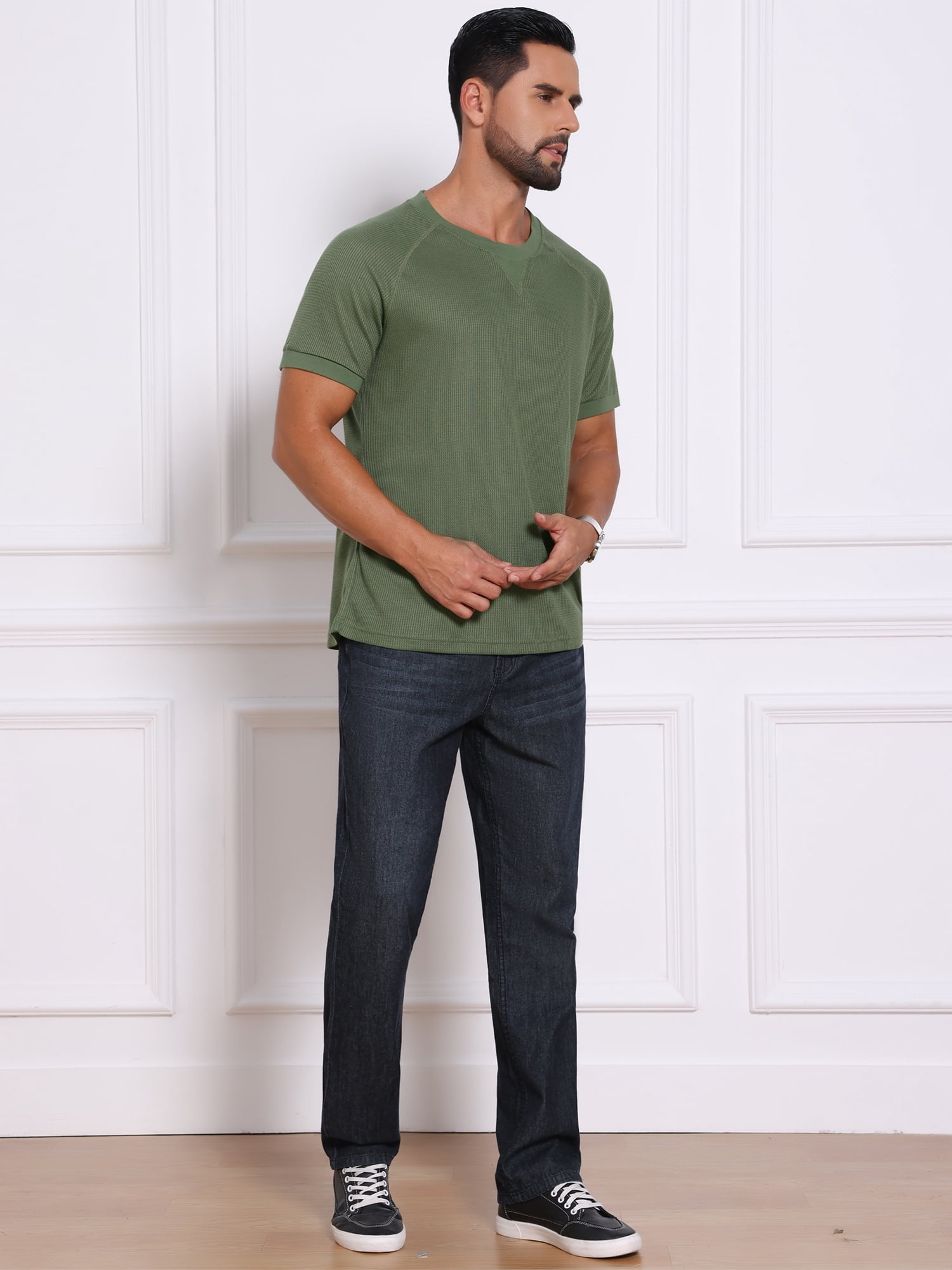 DARING DIVA Men's Waffle Fabric Classic Crew Neck Raglan Short Sleeves 2XL Olive Green