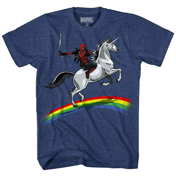 Marvel Comics Deadpool Shirt Deadpool Riding Unicorn On Rainbow T-Shirt (3XL)