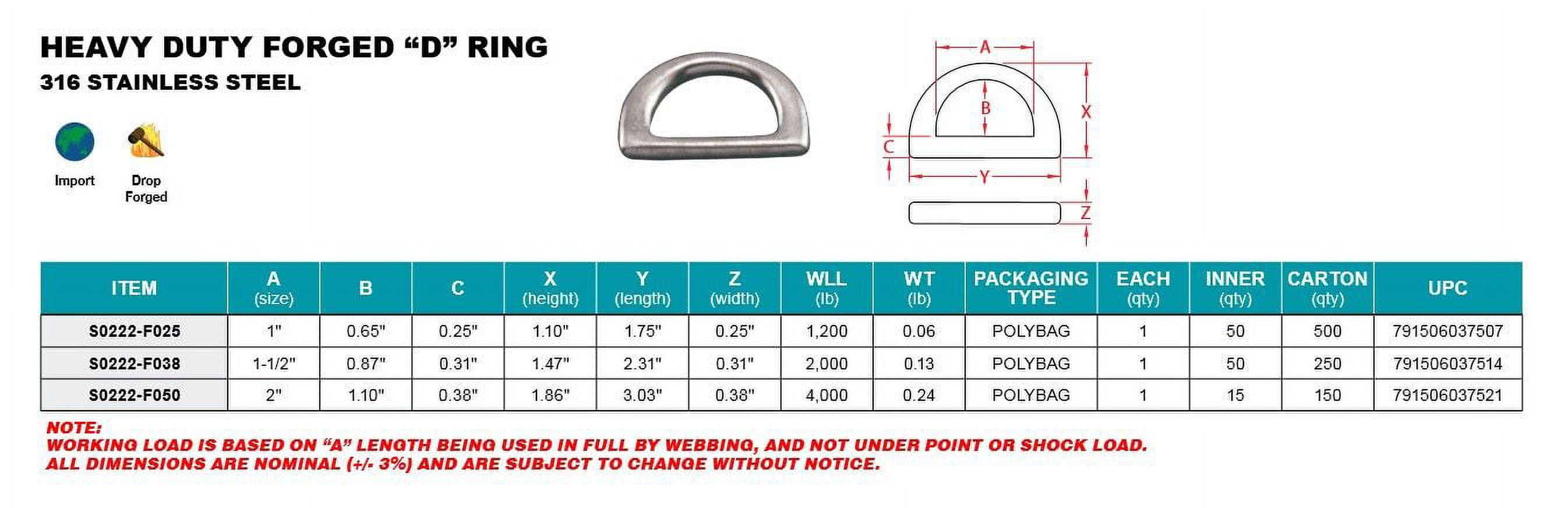 HEAVY DUTY FORGED "D" RING 316 STAINLESS STEEL 1-1/2" (S0222-F038)