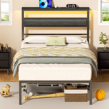 Satifur Twin Size Bed Frame with Upholstered Headboard & Shelf, LED Lights & USB Charging Station, Metal Black