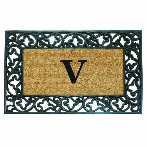 Nedia Home Acanthus Border with Rubber/Coir Doormat, 22 by 36-Inch, Monogrammed V