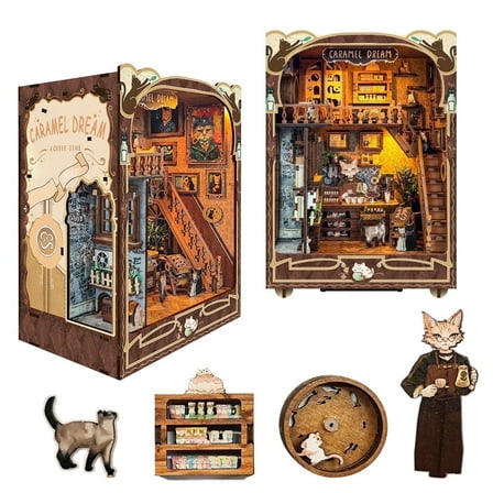 Strucwood DIY Book Nook Kit Caramel Dreams Wooden Puzzles with LED Dust Cover,3D Crafts Hobbies Gifts for Adults（SQ-03）