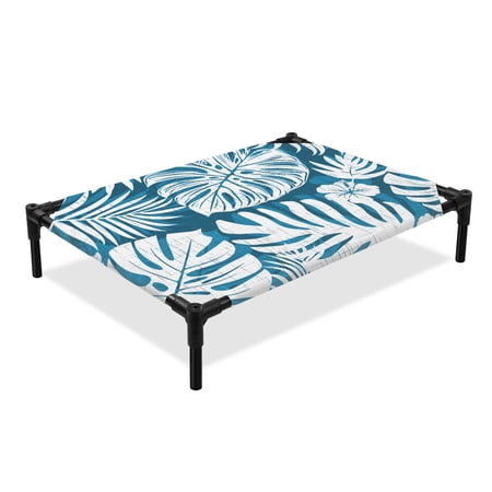 Blue Palm Leaves Elevated Dog Bed Monstera Tropical Botanical Modern Minimalist Cooling Breathable Outdoor Raised Dog Cot Bed with Metal Frame Non-Slip Feet for Medium Dog 24x20in