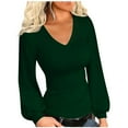 thumbnail image 2 of Idoravan Womens Tshirts V Neck Long Sleeve Tops Tee Solid Color Blouse Womens Winter Sexy Elasticity V Neck Long Sleeve Tops Versatile Regular Blouse Green L, 2 of 8