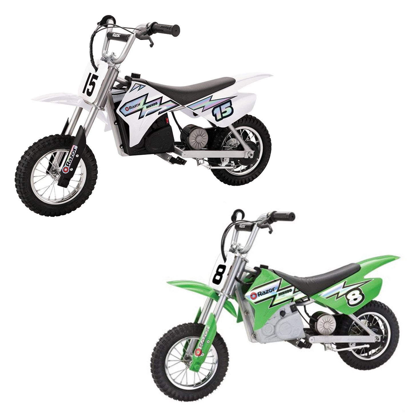 Razor MX400 Dirt Rocket Electric Motocross Motorcycle Bikes, 1 White &amp; 1 Green