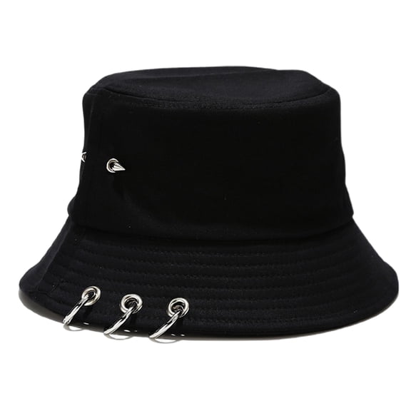 RUISINERY Unisex Hip Hop Solid Color Bucket Hat Spiked Rivets Metal Rings Fisherman