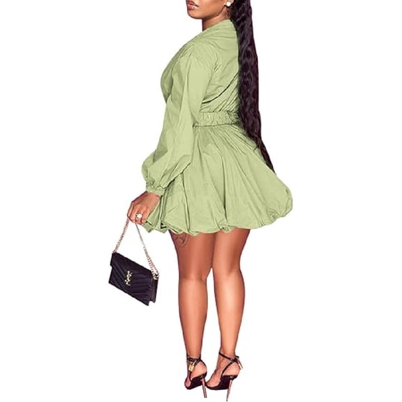 Womens Mini Dress Puff Sleeve Dresses  Button Down Sexy V Neck A Line Party Clubwear with Belt
