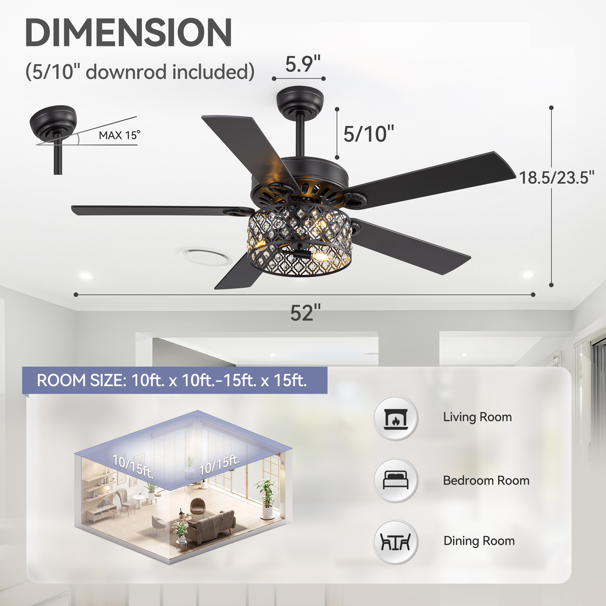 ALKAFY 52 inch Traditional Black Ceiling Fan with Light & Remote - Reversible Blades for Bedroom/Living/Dining