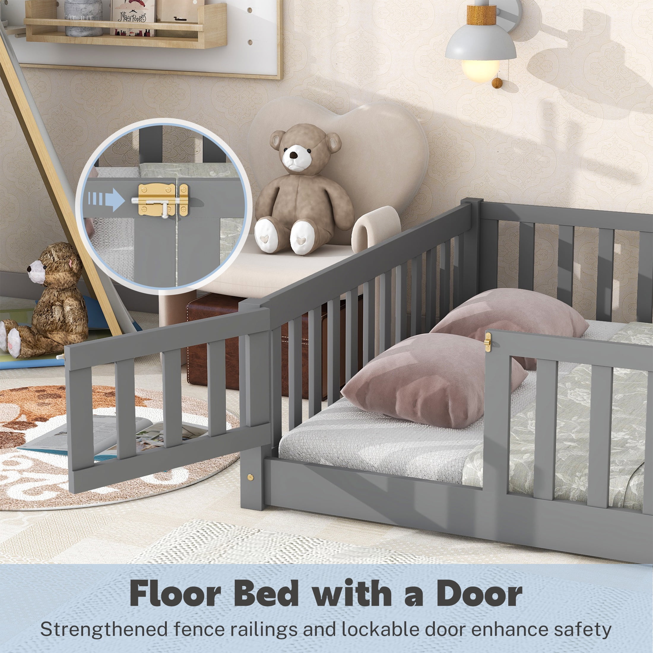 PAPROOS Full Montessor Floor Bed, Solid Wood Toddler Bed with Safety Guardrail and Door, Easy Assembly, Low-to-Floor Bed Frame with Slats for Kids, Gray
