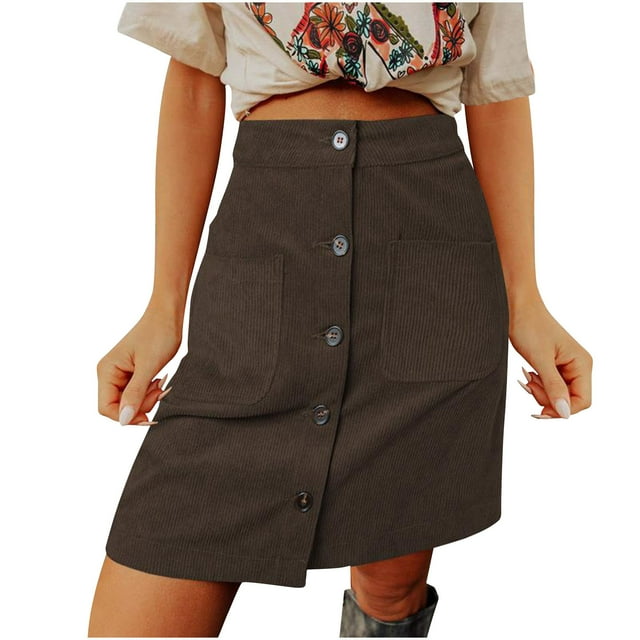 Besolor Womens Corduroy Skirts Fall Winter High Waisted Button down A-Line Short Mini Skirt with Pockets Plus Size