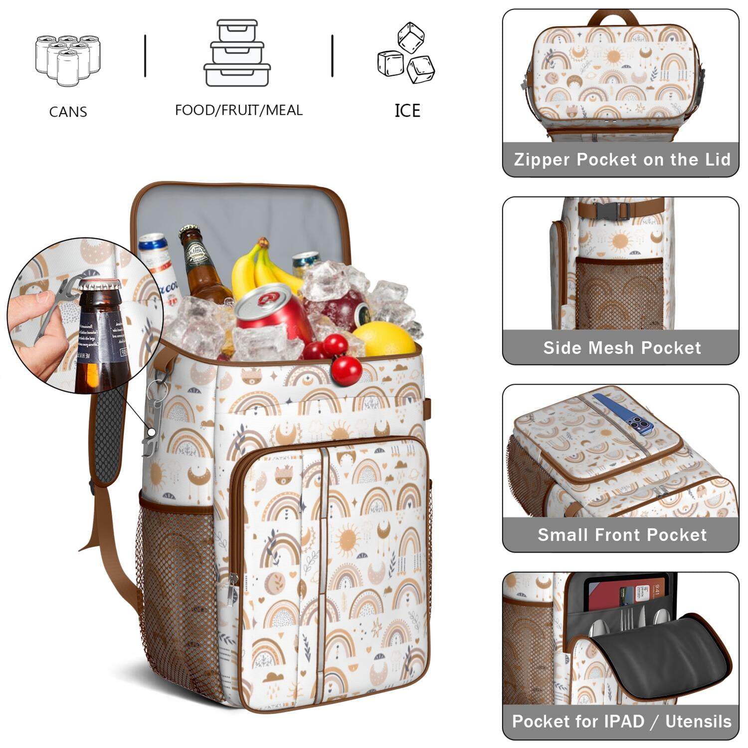 Travel Cooler Bag - Boho Bohemia Rainbow Camping Beer Cooler Backpack with Bottle Opener- Waterproof Insulated Picnic Backpacks - Cooler Bag for Beach