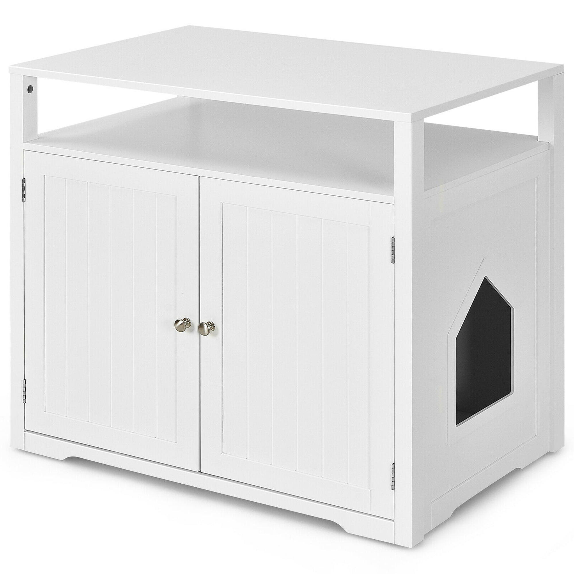 Gymax Wooden Cat Litter Box Enclosure with Storage Layer, White