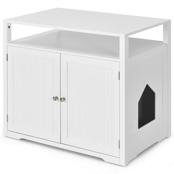 Gymax Wooden Cat Litter Box Enclosure Hidden Cat Washroom w/ Storage Layer White
