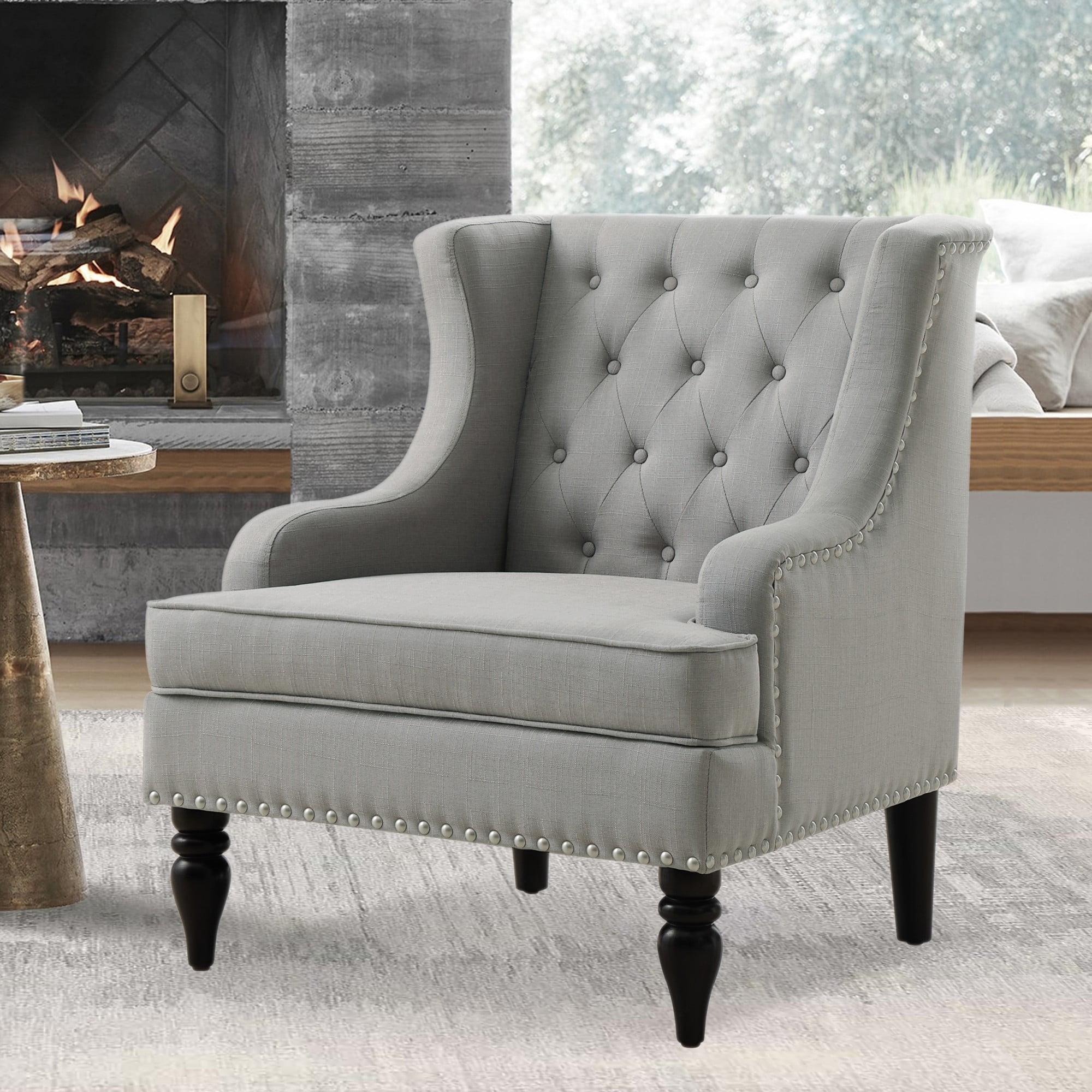 Gewnee Linen Accent Chair/Armchair with Solid Rubberwood Legs - Gray, Suitable for Living Room & Balcony