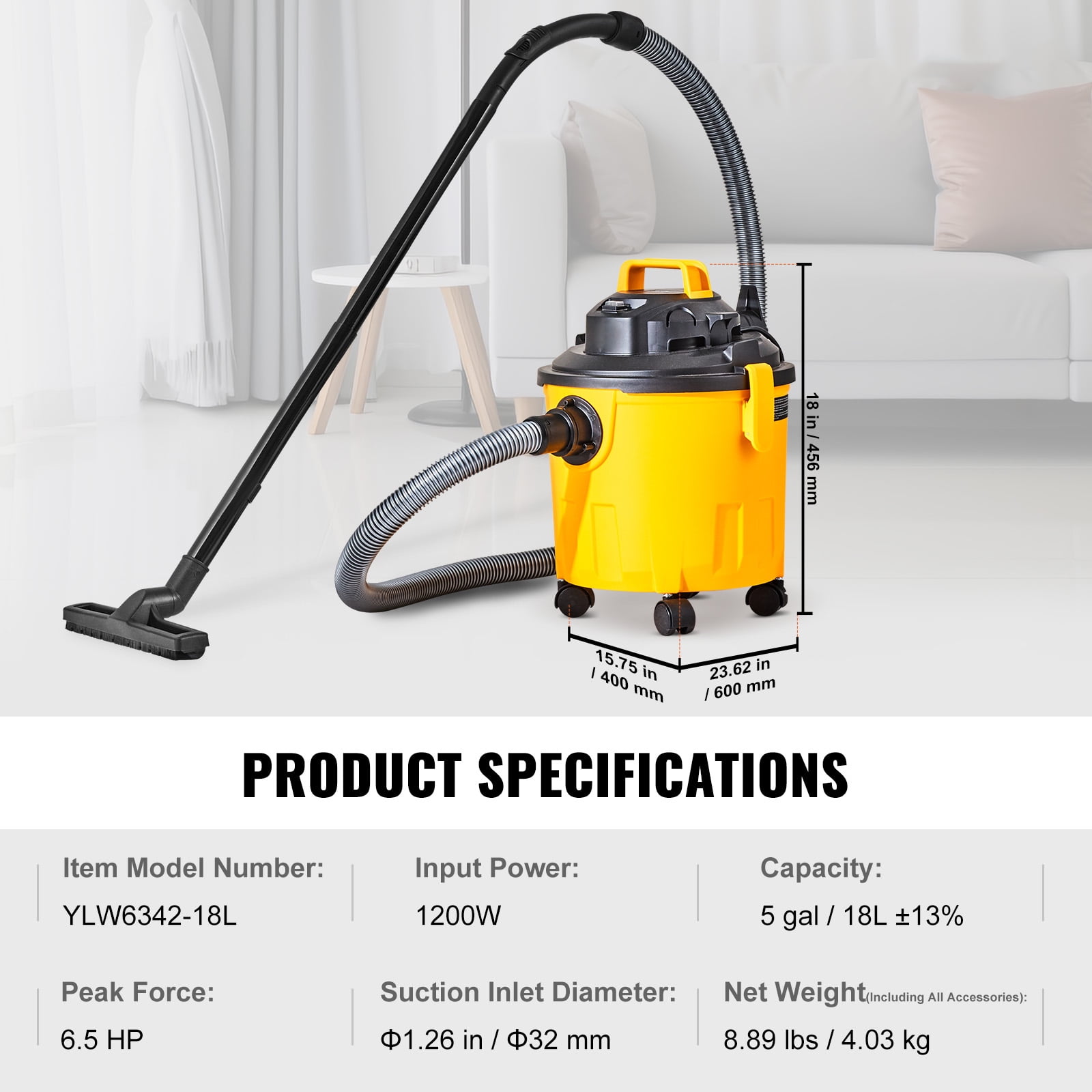 KFFKFF Store Vacuum for Wet and Dry Use, 5 Gallon Capacity with 6 Peak HP, Wet/Dry Vacuum with Strong Suction and Blower Capabilities, Includes 2-in-1 Crevice Tool, Ideal Small Store Vacuum