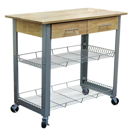- eHemco Kitchen Cart Natural Solid Wood Top with Metal Base