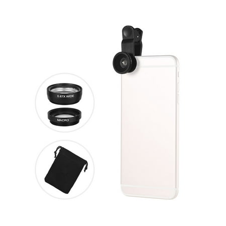 Universal Clip Lens Kit 180° Mobile Phone Fisheye Lens 0.67× Wide Angle Lens Macro Lens 3 in 1 with Clip for iPhone Samsung Huawei Smartphone Lens Mobile Photography