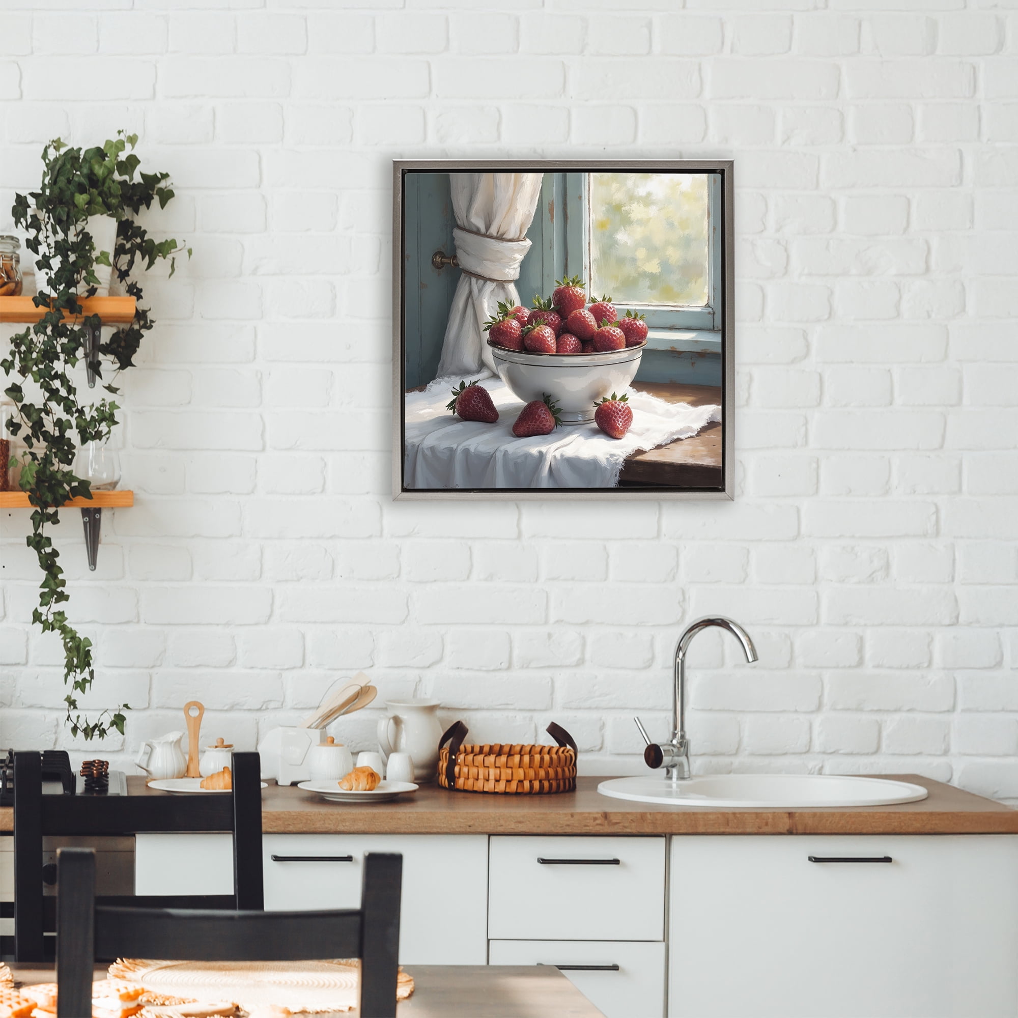 Strawberry Harvest in Window Gray Framed Floater Canvas Wall Art, design by Lettered and Lined