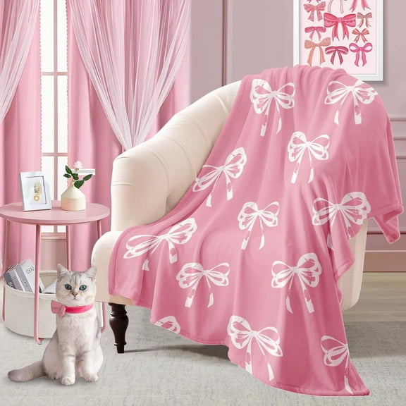 Kuscheln Pink Bow Throw Blanket, Coquette Girly Gifts for Kids Women Teens, Soft Flannel Cute Pink Bow Blanket Bedding for Home Travel Preppy Fall Decor