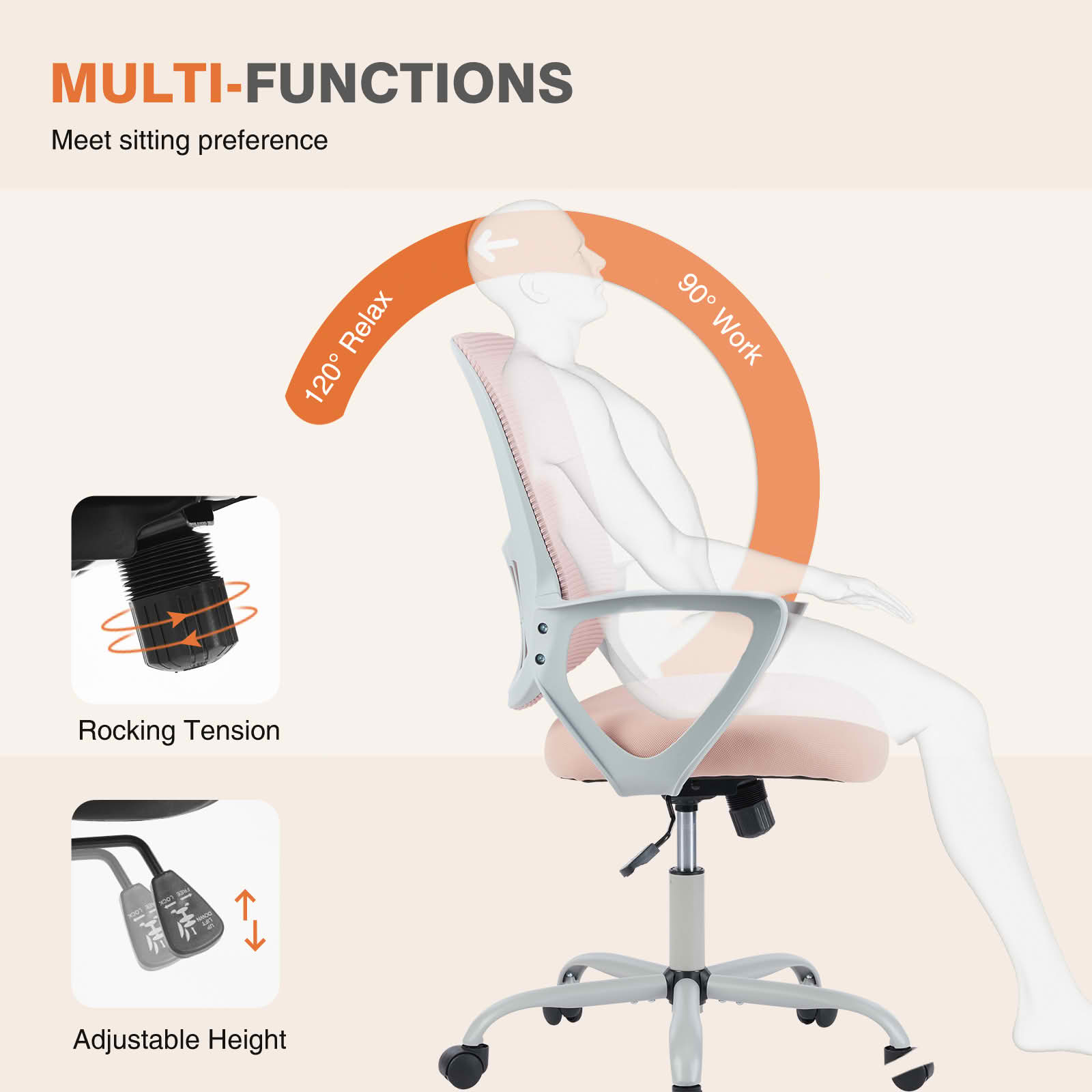 MAYEERTY Ergonomic Mid-Back Office Chair, Lumbar Support Rocking Mode Fixed Armrest
