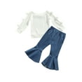 thumbnail image 3 of Qiylii Girls Outfit Off Shoulder Pom Poms Long Sleeve Pullover+Flared Denim Pants, 3 of 6