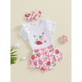 thumbnail image 3 of Nygoyerh Baby Girls Sweet Summer 3Pcs Outfits Strawberry Embroidery Short Sleeve Romper + Ruffled Shorts + Headband 3M 6M 12M 18M Newborn Infant Cute Shorts Sets, 3 of 9