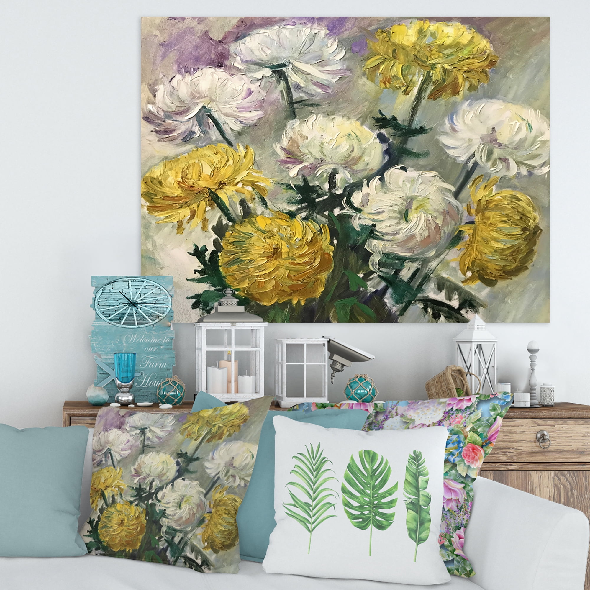 Golden and White Daisies 40 in x 30 in Painting Canvas Art Print, by Designart