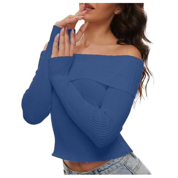Women's Fall Off Shoulder Sweater Long Sleeve Ribbed Knit Fitted Pullover Top Blouse Casual Comfortable Stylish Winter Fashion